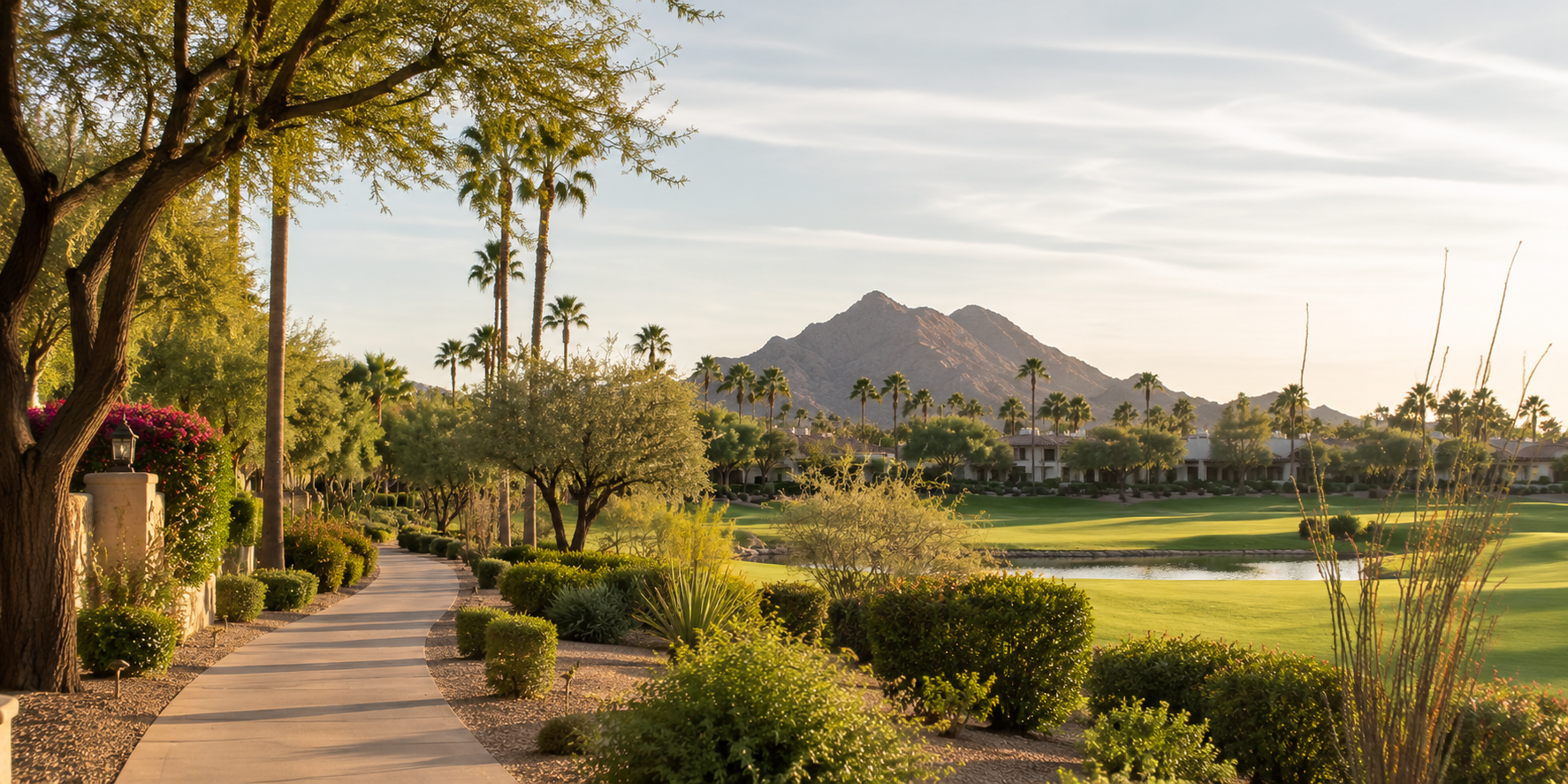 A Scottsdale golf course path with palm trees and mountain views.