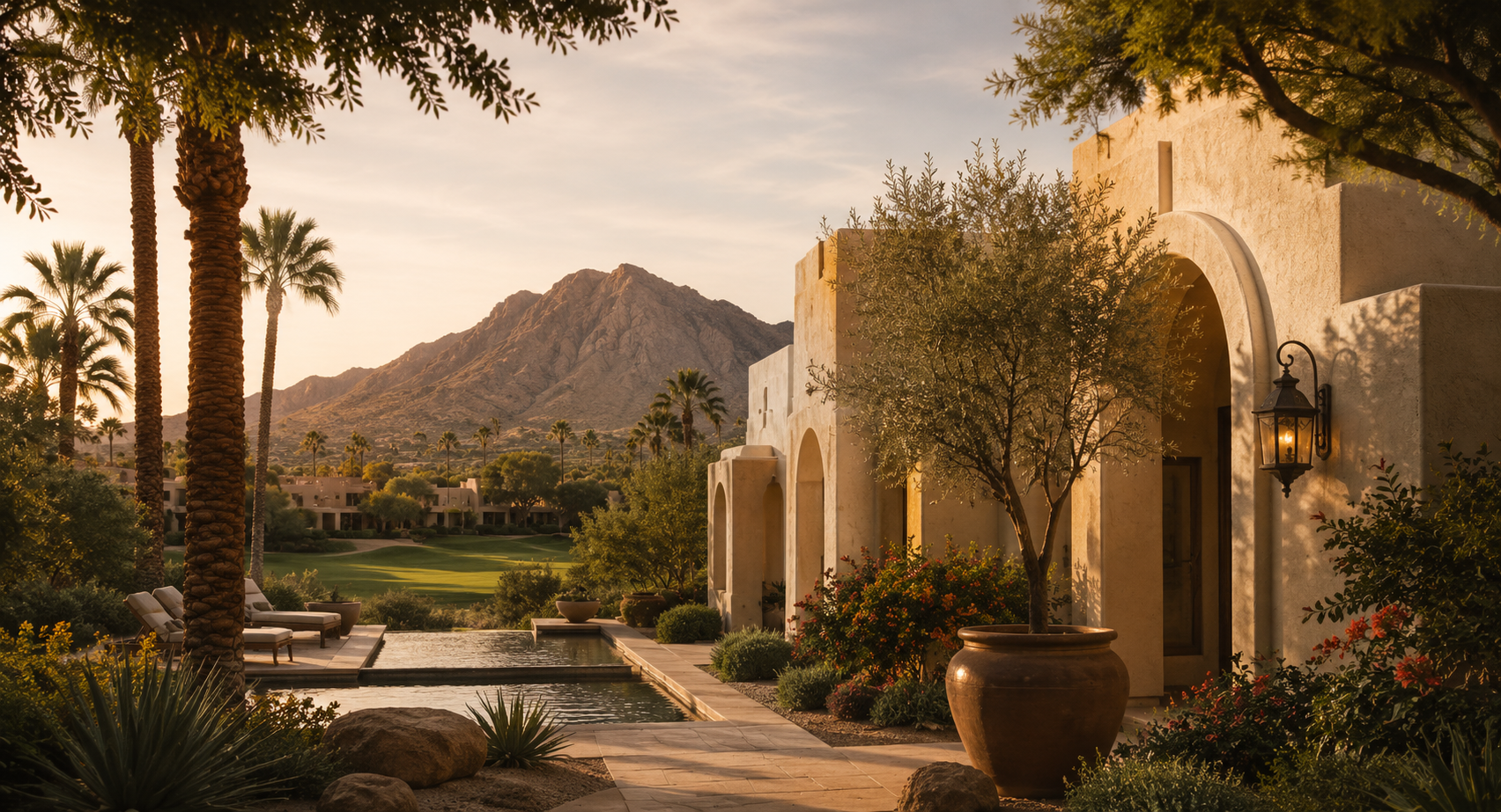 Scottsdale desert estate with palm trees, a swimming pool, mountain views, and warm arched architecture.
