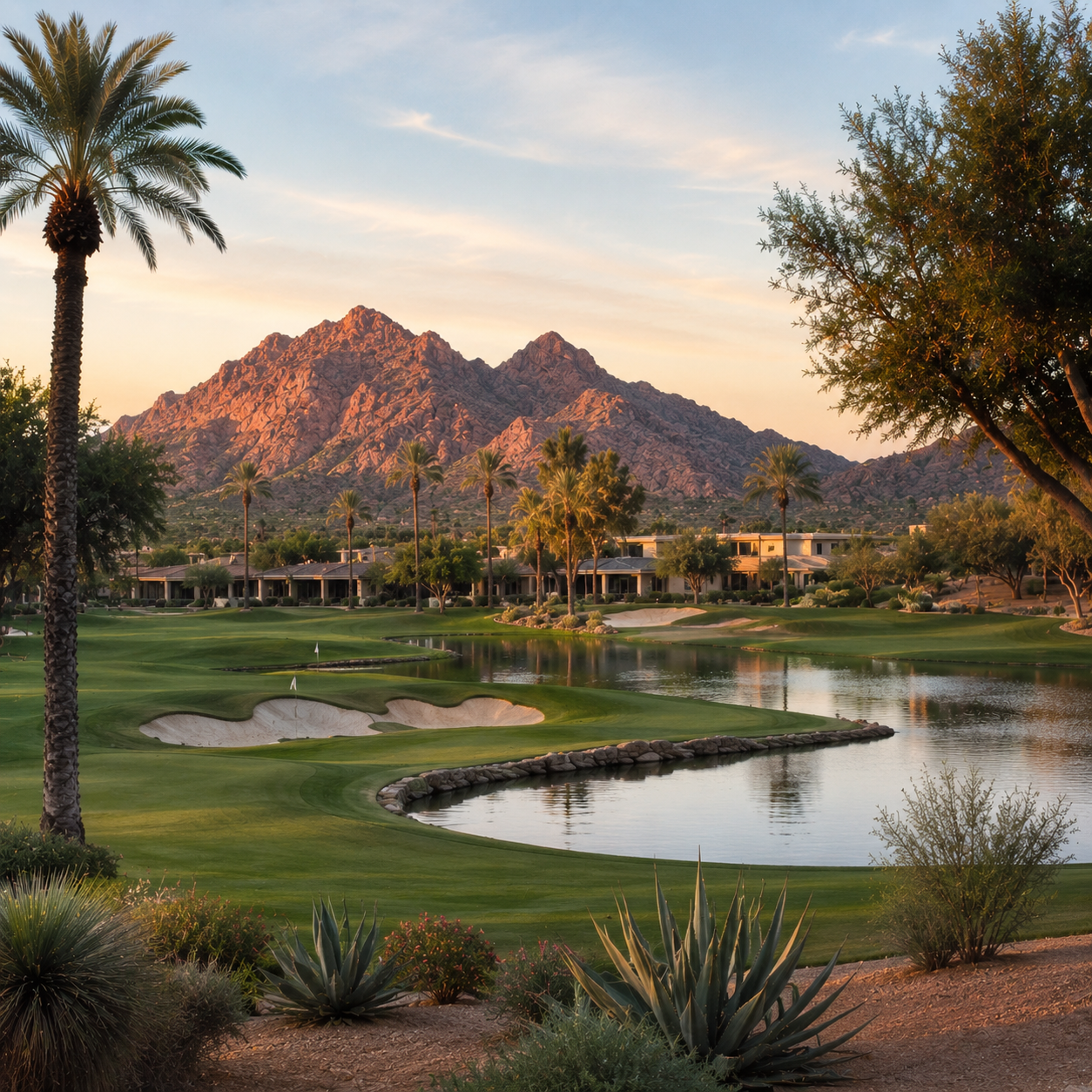 Scottsdale golf course and mountain landscape at sunset.