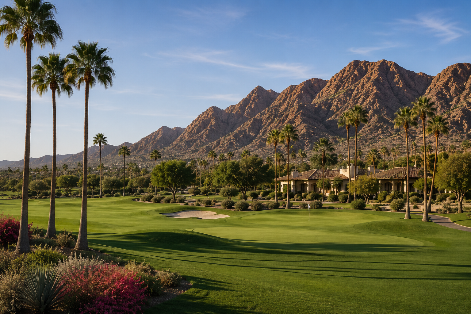 A Scottsdale golf course with palm trees and mountain views.